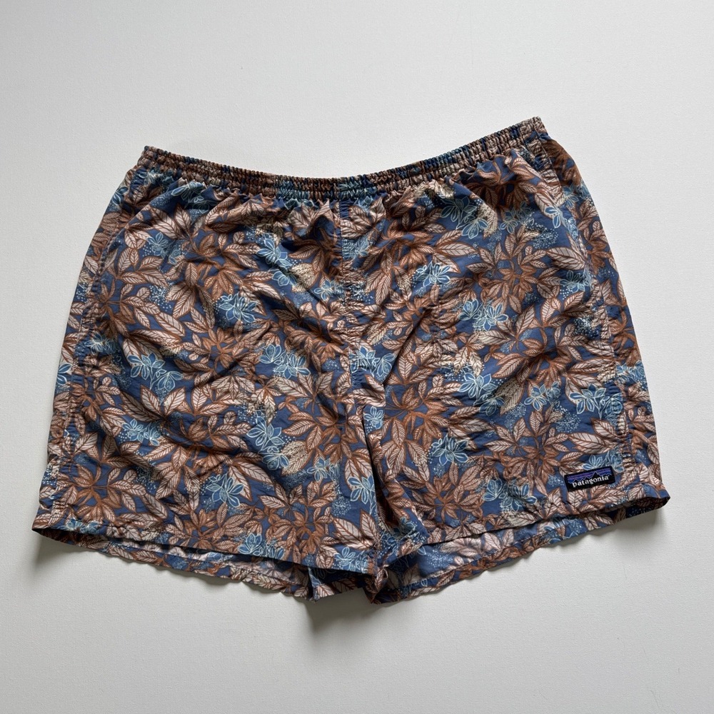 Patagonia Baggies 5 Inch Shorts Mens XL Blue Brown Tropical Leaf Print Nylon